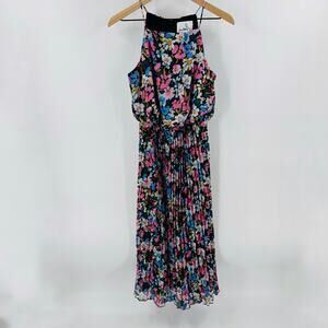 Sam Edelman Pleated Floral Midi Dress Halter‎ Neck Black Multicolor Size 4